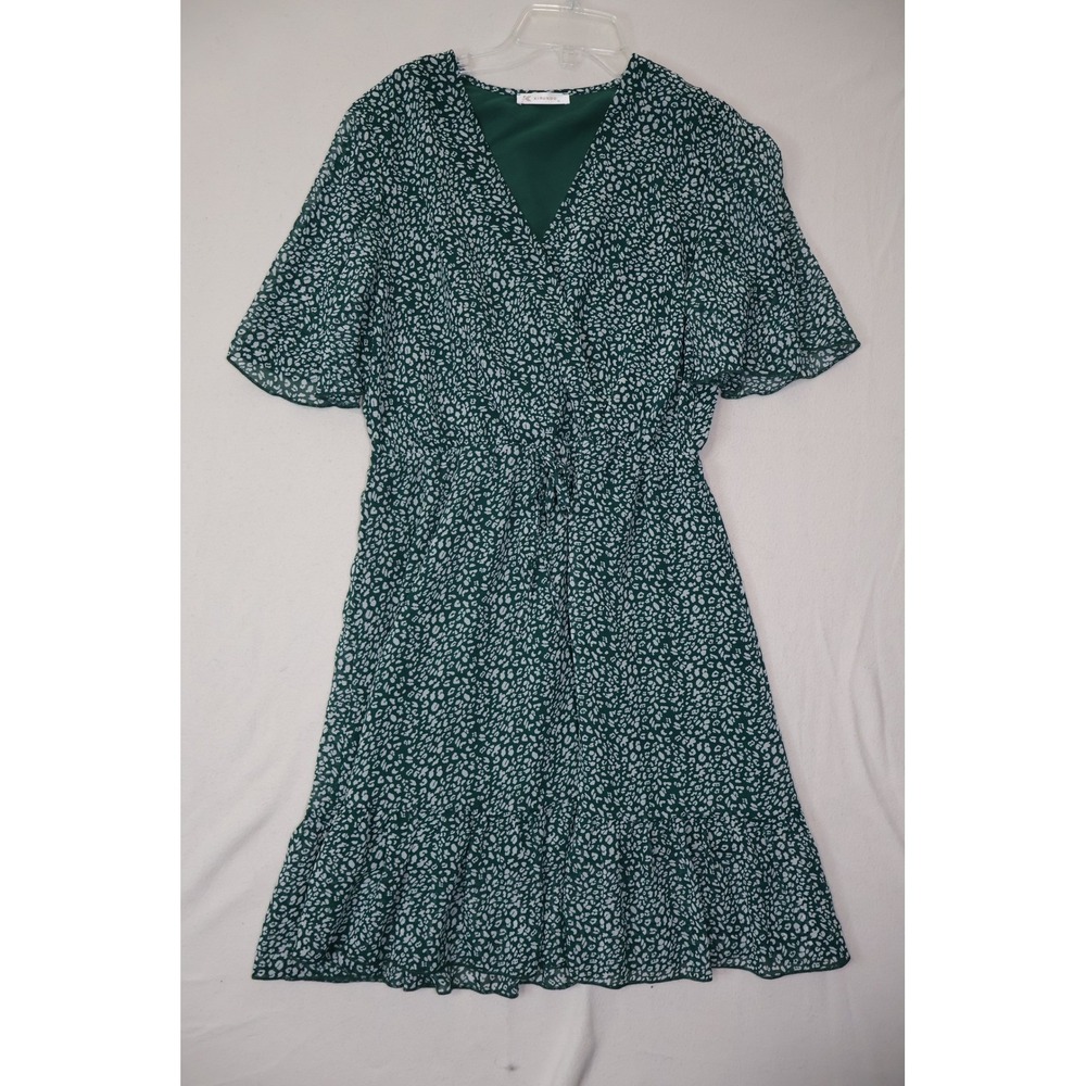 KIRUNDO Green White Animal Print Wrap V-Neck Ruffle Mini Dress Size M